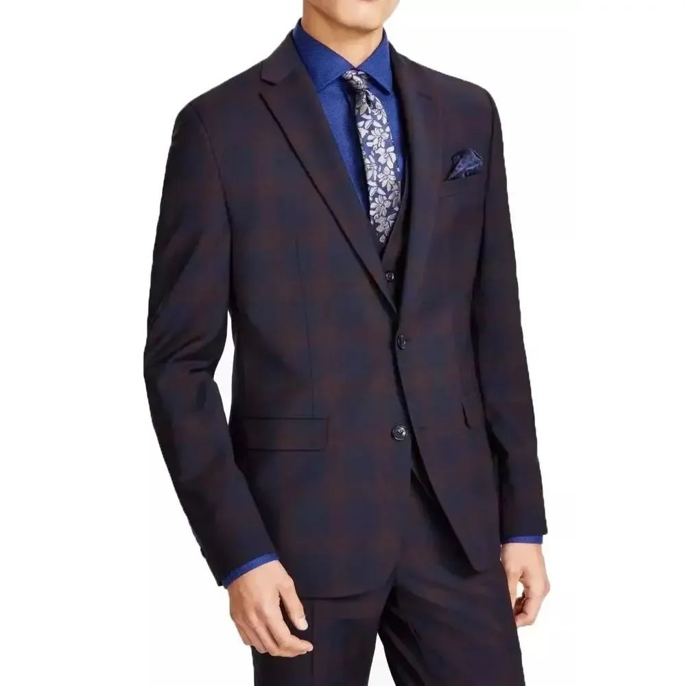 Bar III Mens Slim Fit Plaid Active Blazer Burgundy Navy 38S NWT
